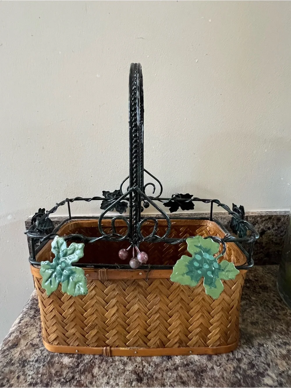 Woven Brown Basket Planter with Decorative Leaf Trim